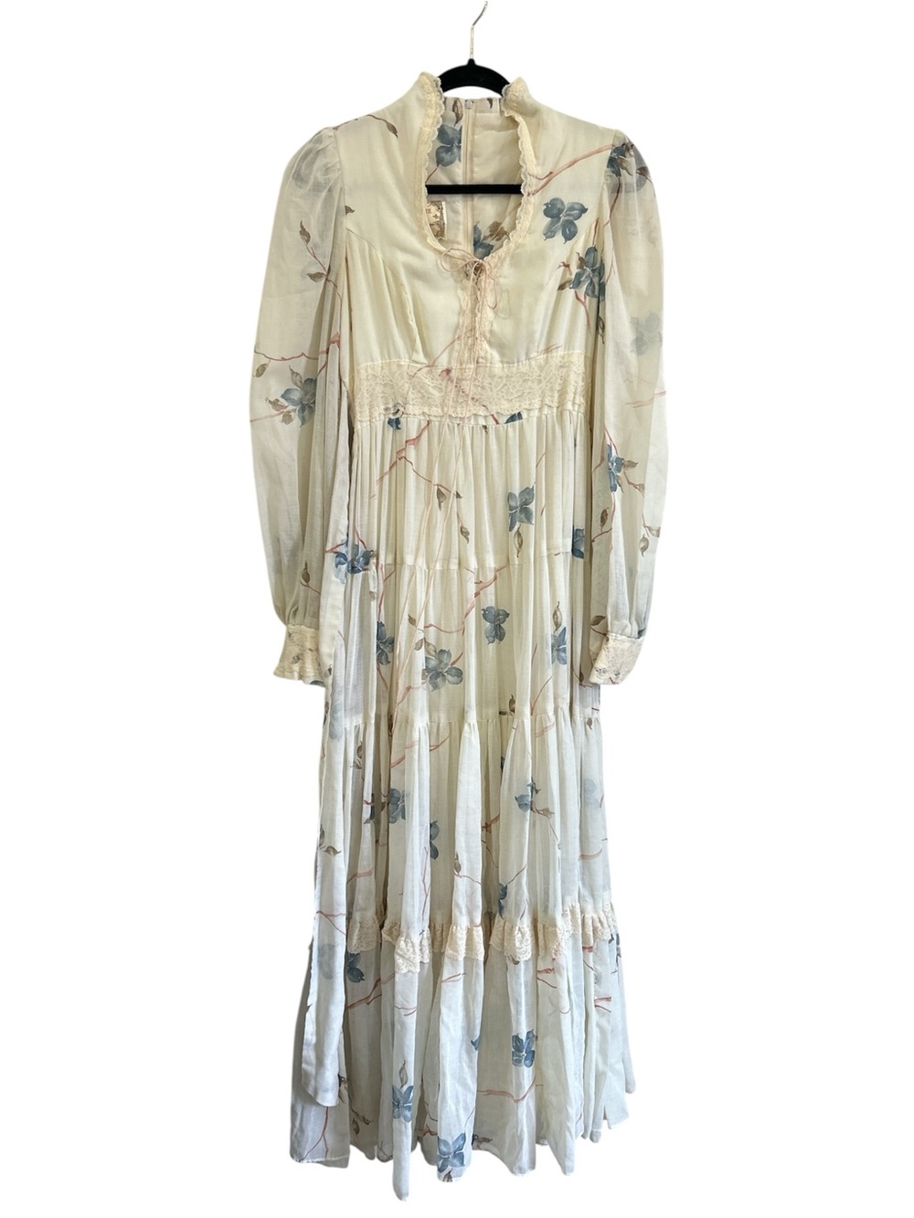 70’s Gunne Sax floral Dogwood print maxi bishop sleeve cream Sz Xs-Small - Picture 5 of 16